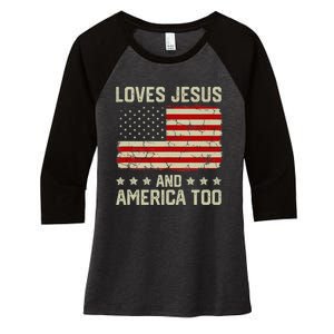 Loves Jesus And America Too USA Patriotic Christian Women's Tri-Blend 3/4-Sleeve Raglan Shirt