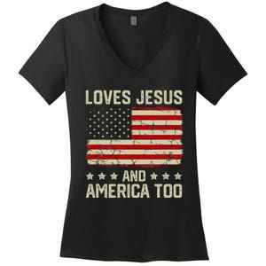 Loves Jesus And America Too USA Patriotic Christian Women's V-Neck T-Shirt