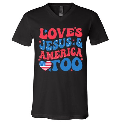 Loves Jesus And America Too 4th Of July Christian Women V-Neck T-Shirt