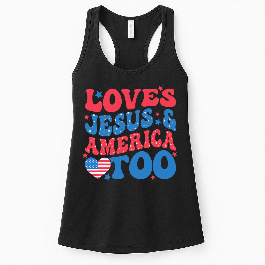Loves Jesus And America Too 4th Of July Christian Women Womens Tank Top