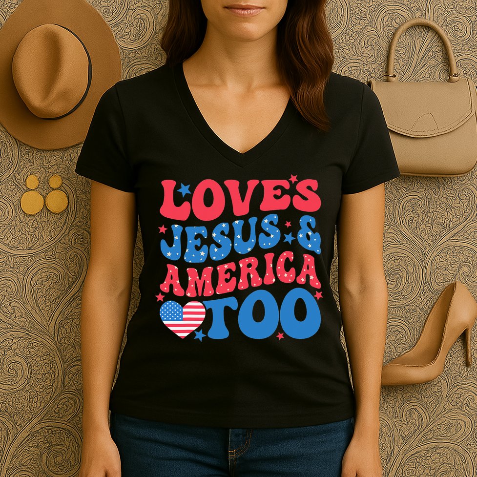 Loves Jesus And America Too 4th Of July Christian Women Women's V-Neck T-Shirt