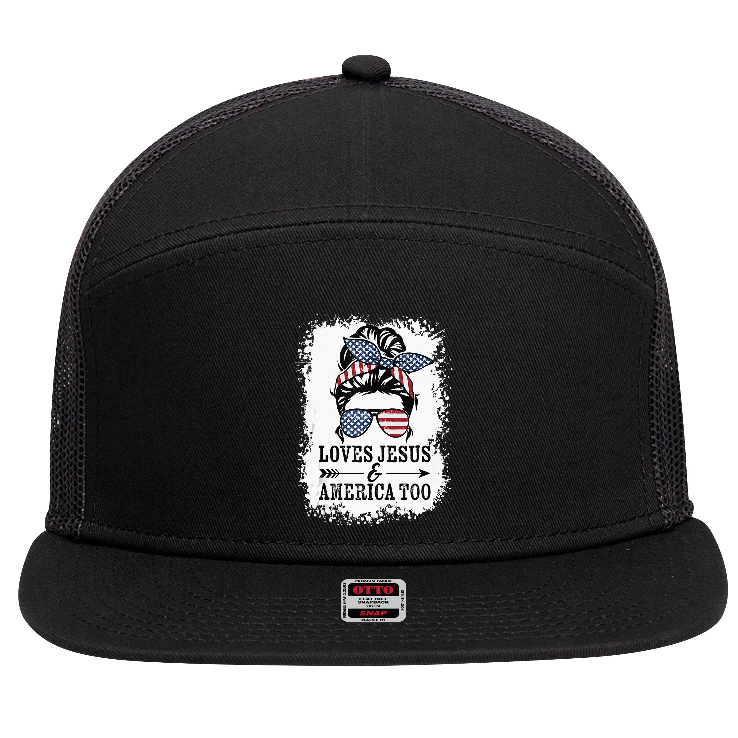 Loves Jesus & America Too Cute Christian Womens 4th July 7 Panel Mesh Trucker Snapback Hat