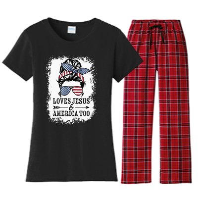 Loves Jesus & America Too Cute Christian Womens 4th July Women's Flannel Pajama Set