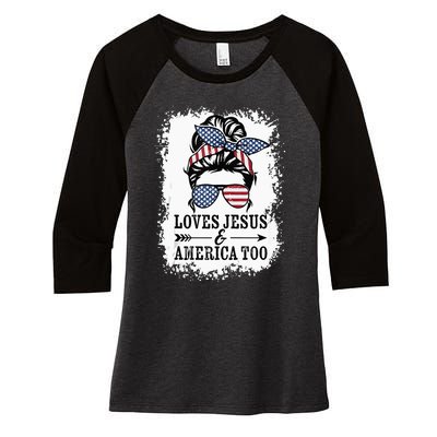 Loves Jesus & America Too Cute Christian Womens 4th July Women's Tri-Blend 3/4-Sleeve Raglan Shirt