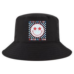 Loves Jesus and America Too God Christian Groovy 4th of July Cool Comfort Performance Bucket Hat