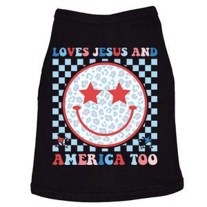 Loves Jesus and America Too God Christian Groovy 4th of July Doggie Tank