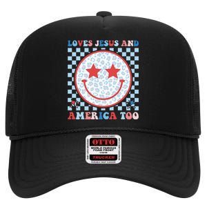 Loves Jesus and America Too God Christian Groovy 4th of July High Crown Mesh Back Trucker Hat