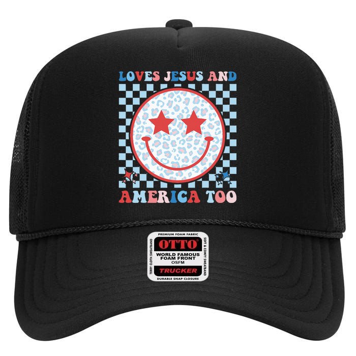 Loves Jesus and America Too God Christian Groovy 4th of July High Crown Mesh Back Trucker Hat