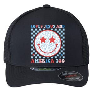 Loves Jesus and America Too God Christian Groovy 4th of July Flexfit Unipanel Trucker Cap