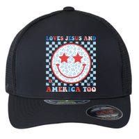 Loves Jesus and America Too God Christian Groovy 4th of July Flexfit Unipanel Trucker Cap