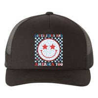 Loves Jesus and America Too God Christian Groovy 4th of July Yupoong Adult 5-Panel Trucker Hat