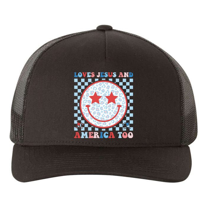 Loves Jesus and America Too God Christian Groovy 4th of July Yupoong Adult 5-Panel Trucker Hat