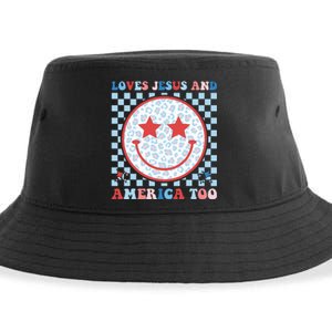 Loves Jesus and America Too God Christian Groovy 4th of July Sustainable Bucket Hat