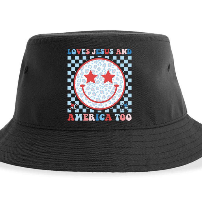 Loves Jesus and America Too God Christian Groovy 4th of July Sustainable Bucket Hat