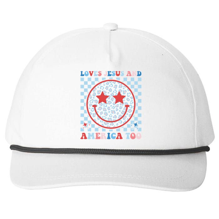 Loves Jesus and America Too God Christian Groovy 4th of July Snapback Five-Panel Rope Hat