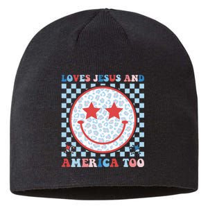 Loves Jesus and America Too God Christian Groovy 4th of July Sustainable Beanie