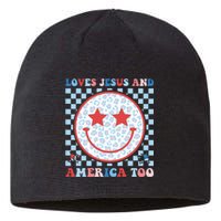 Loves Jesus and America Too God Christian Groovy 4th of July Sustainable Beanie