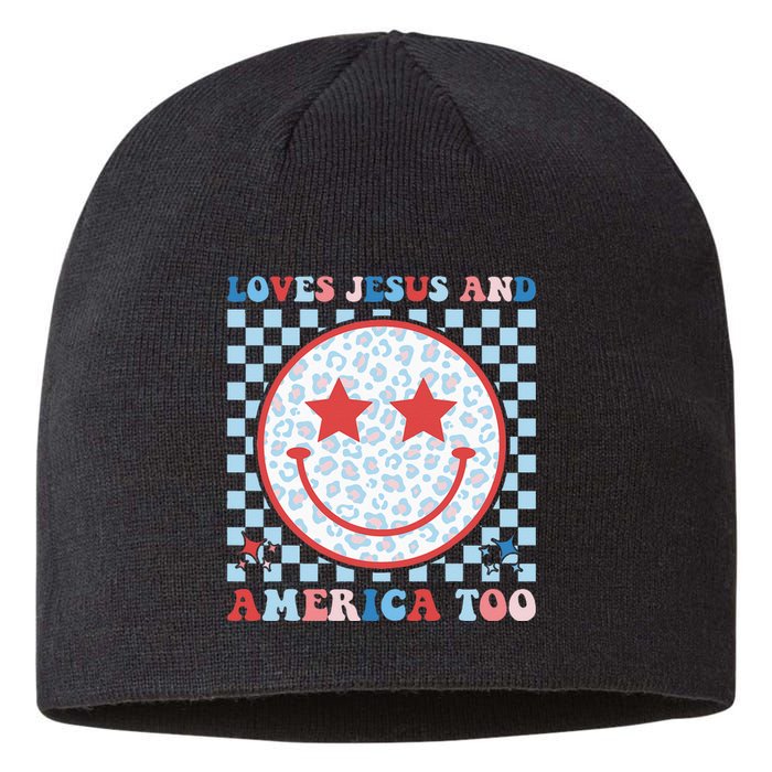 Loves Jesus and America Too God Christian Groovy 4th of July Sustainable Beanie