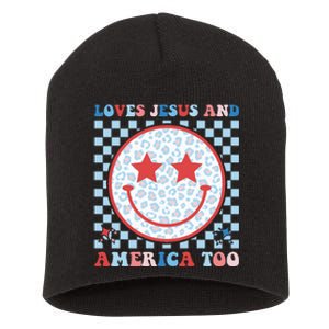 Loves Jesus and America Too God Christian Groovy 4th of July Short Acrylic Beanie