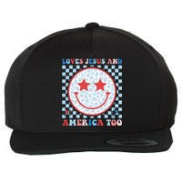 Loves Jesus and America Too God Christian Groovy 4th of July Wool Snapback Cap