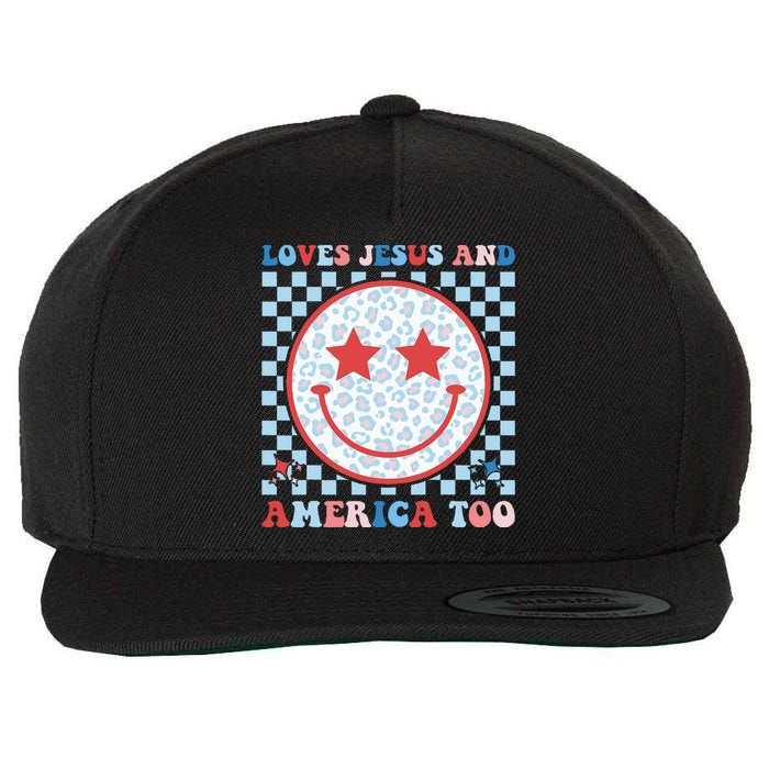 Loves Jesus and America Too God Christian Groovy 4th of July Wool Snapback Cap