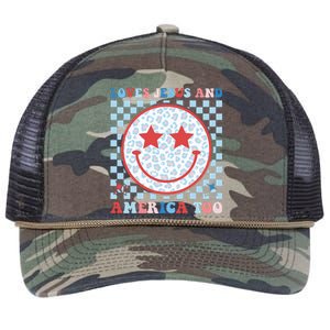 Loves Jesus and America Too God Christian Groovy 4th of July Retro Rope Trucker Hat Cap