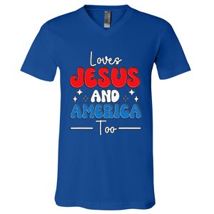 Loves Jesus And America Too For USA Patriotic Christians V-Neck T-Shirt