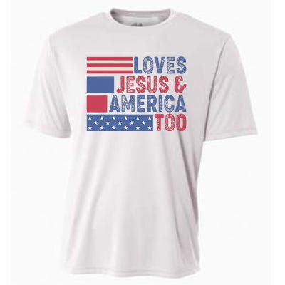 Loves Jesus & America Too Christ 4th Of July American Flag Cooling Performance Crew T-Shirt