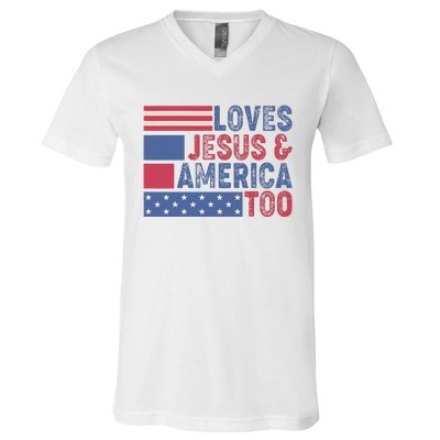 Loves Jesus & America Too Christ 4th Of July American Flag V-Neck T-Shirt