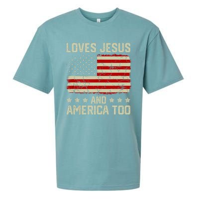 Loves Jesus And America Too USA Patriotic Christian Sueded Cloud Jersey T-Shirt