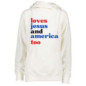 Loves Jesus and America Too Patriotic Proud Womens Funnel Neck Pullover Hood