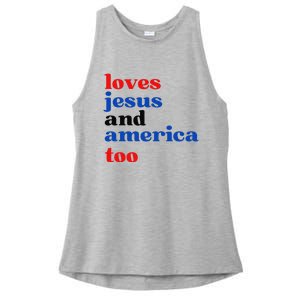 Loves Jesus and America Too Patriotic Proud Ladies PosiCharge Tri-Blend Wicking Tank