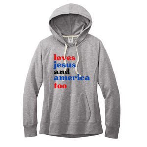 Loves Jesus and America Too Patriotic Proud Women's Fleece Hoodie