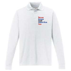 Loves Jesus and America Too Patriotic Proud Performance Long Sleeve Polo