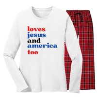 Loves Jesus and America Too Patriotic Proud Women's Long Sleeve Flannel Pajama Set 