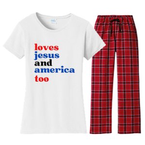 Loves Jesus and America Too Patriotic Proud Women's Flannel Pajama Set