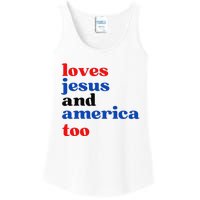 Loves Jesus and America Too Patriotic Proud Ladies Essential Tank