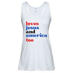 Loves Jesus and America Too Patriotic Proud Ladies Essential Flowy Tank