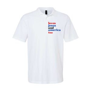 Loves Jesus and America Too Patriotic Proud Softstyle Adult Sport Polo