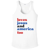 Loves Jesus and America Too Patriotic Proud Ladies PosiCharge Competitor Racerback Tank