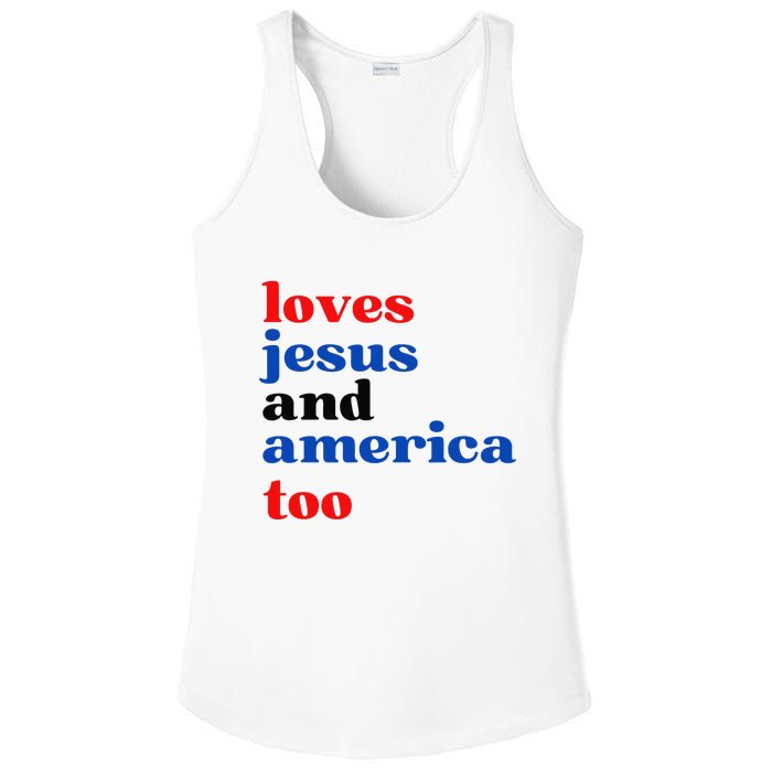 Loves Jesus and America Too Patriotic Proud Ladies PosiCharge Competitor Racerback Tank