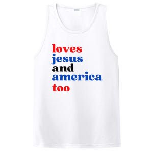 Loves Jesus and America Too Patriotic Proud PosiCharge Competitor Tank