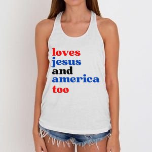 Loves Jesus and America Too Patriotic Proud Women's Knotted Racerback Tank