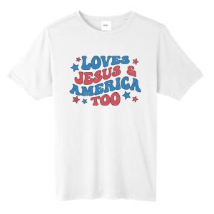 Loves Jesus And America Too Groovy 4th Of July Tall Fusion ChromaSoft Performance T-Shirt