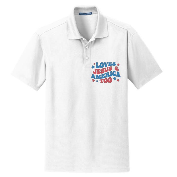 Loves Jesus And America Too Groovy 4th Of July Dry Zone Grid Polo