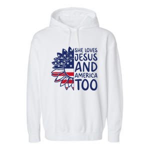 Loves Jesus and America Too Jesus Christian 4th of July Garment-Dyed Fleece Hoodie