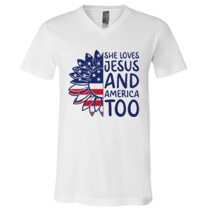 Loves Jesus and America Too Jesus Christian 4th of July V-Neck T-Shirt