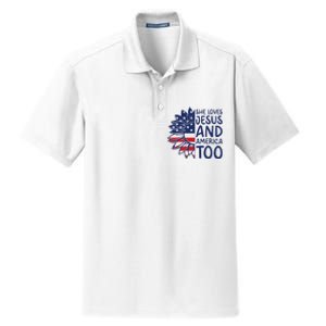 Loves Jesus and America Too Jesus Christian 4th of July Dry Zone Grid Polo