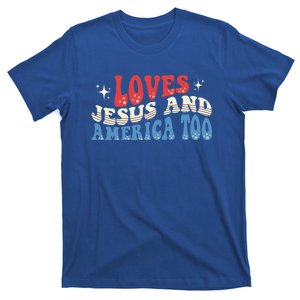 Loves Jesus And America Too God Christian Groovy 4th Of July T-Shirt