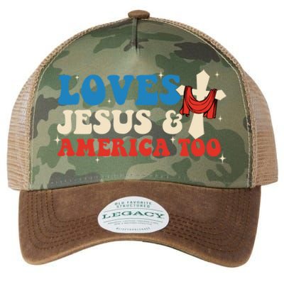 Loves Jesus And America Too God Christian Groovy 4th Of July Legacy Tie Dye Trucker Hat